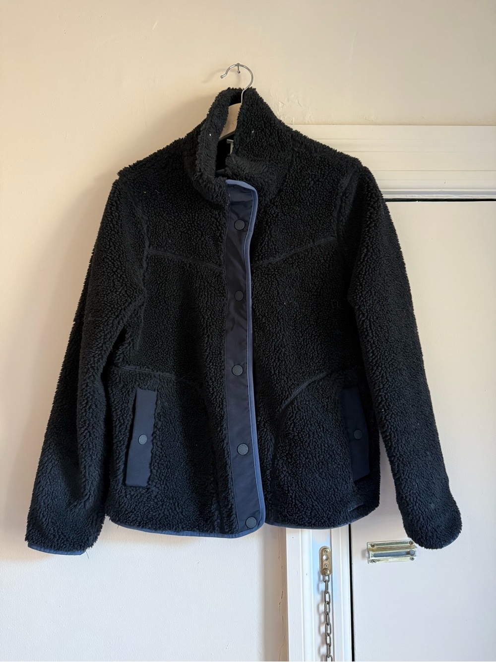 L.L. Bean Black Teddy Sherpa Jacket with Navy Trim
